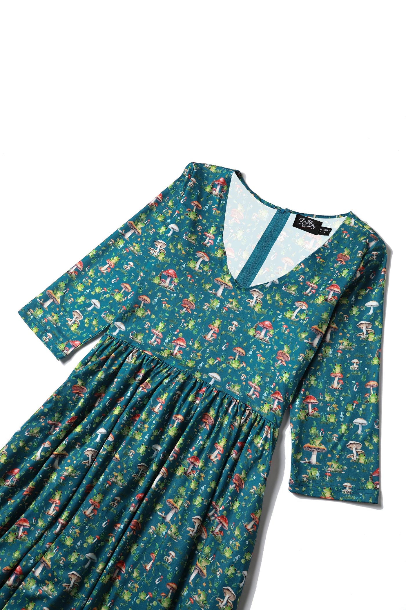 PRE ORDER Billie Long Sleeved Dress in Green Frog & Mushroom Print