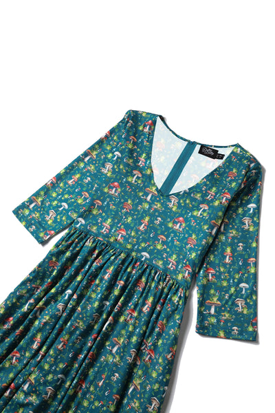 PRE ORDER Billie Long Sleeved Dress in Green Frog & Mushroom Print