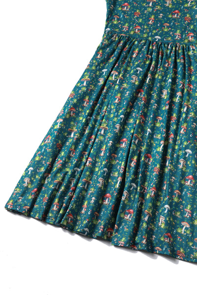 Billie Long Sleeved Dress in Green Frog & Mushroom Print