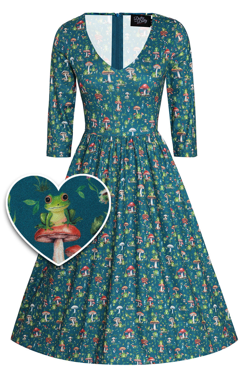 PRE ORDER Billie Long Sleeved Dress in Green Frog & Mushroom Print