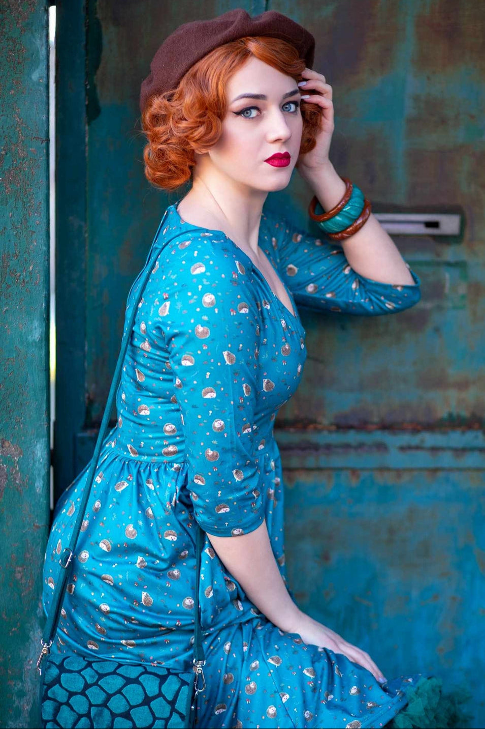 Billie Long Sleeved Dress in Green Hedgehog & Mushroom Print