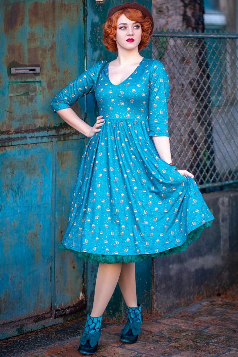 Billie Long Sleeved Dress in Green Hedgehog & Mushroom Print
