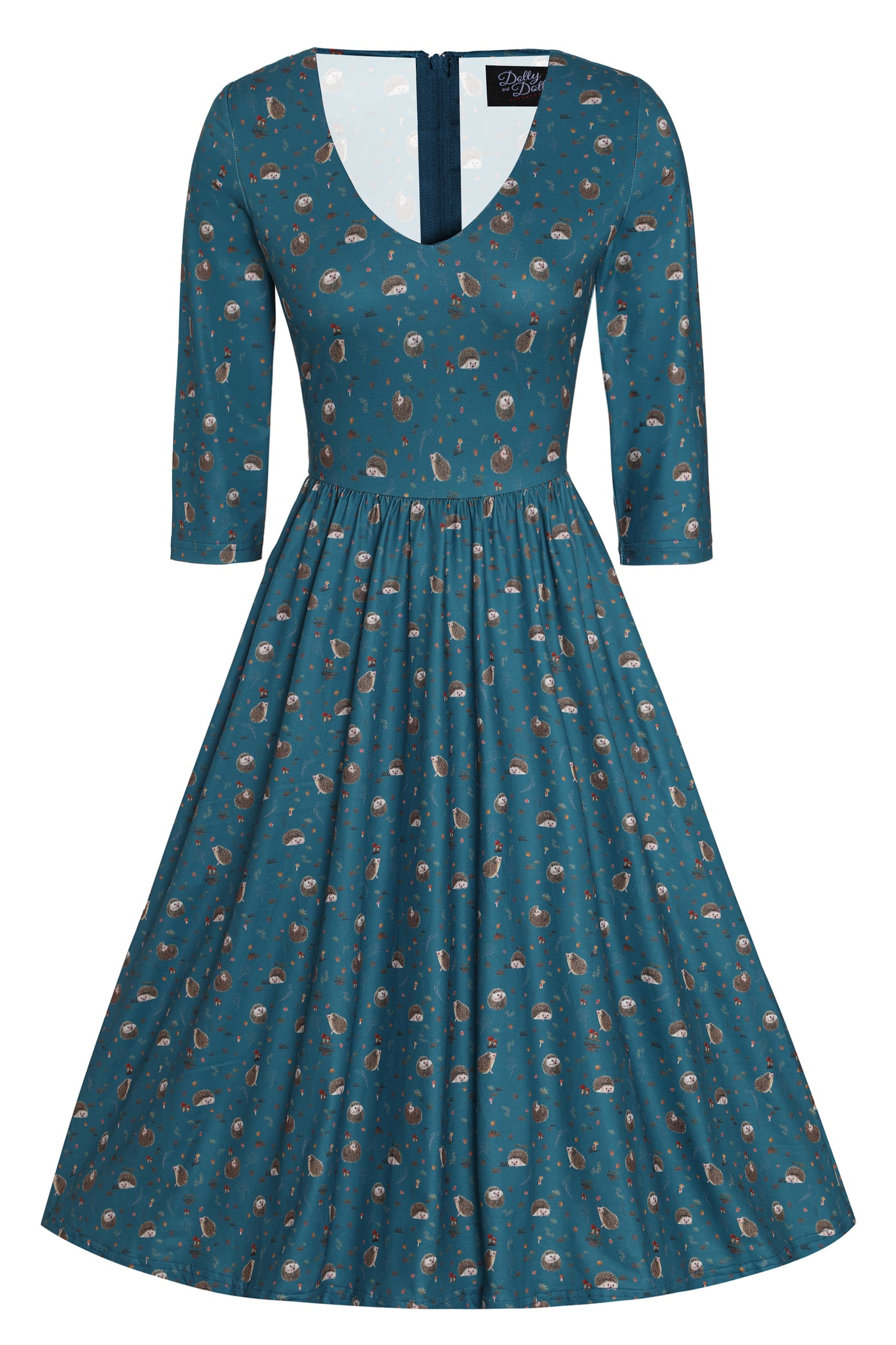 Billie Long Sleeved Dress in Green Hedgehog & Mushroom Print