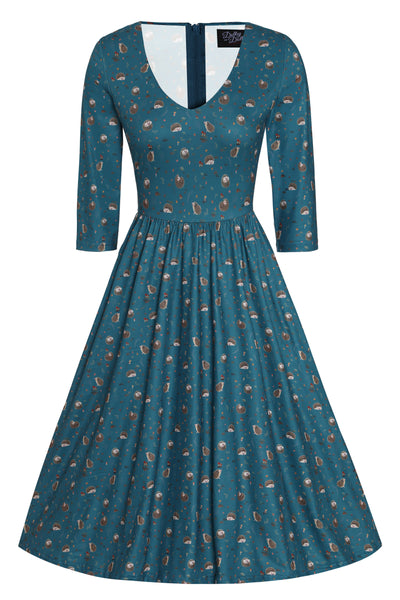 Billie Long Sleeved Dress in Green Hedgehog & Mushroom Print