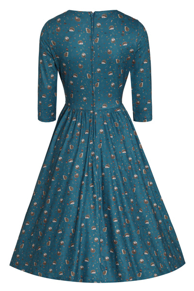 Billie Long Sleeved Dress in Green Hedgehog & Mushroom Print