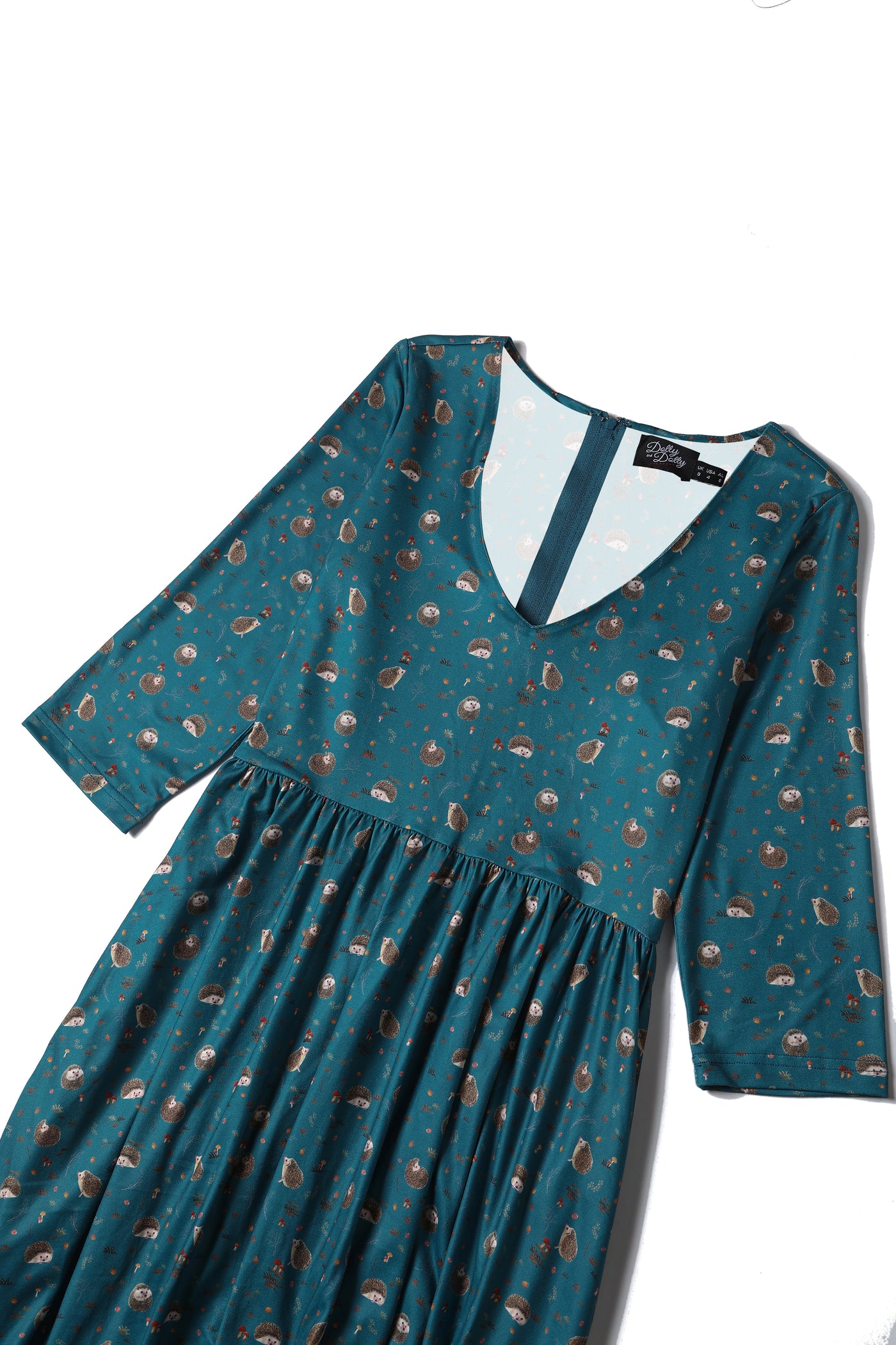 Billie Long Sleeved Dress in Green Hedgehog & Mushroom Print