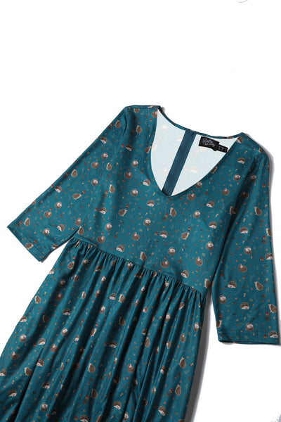 Billie Long Sleeved Dress in Green Hedgehog & Mushroom Print