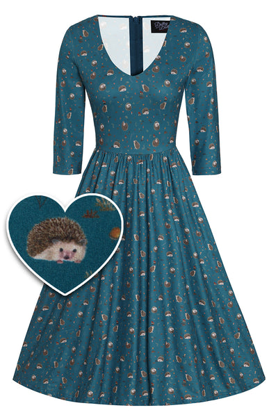 Billie Long Sleeved Dress in Green Hedgehog & Mushroom Print