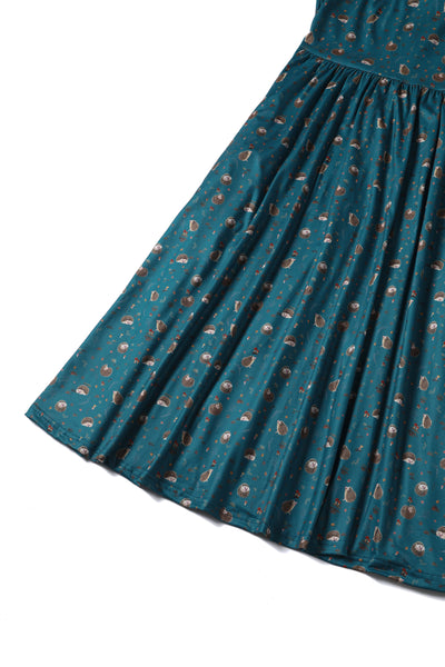 Billie Long Sleeved Dress in Green Hedgehog & Mushroom Print