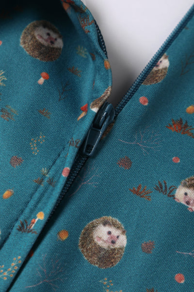 Billie Long Sleeved Dress in Green Hedgehog & Mushroom Print