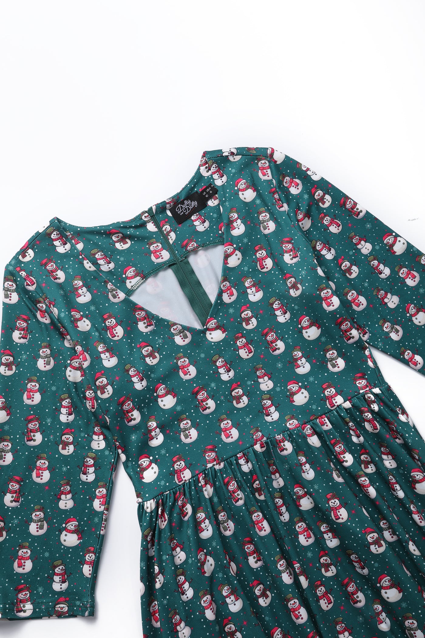 PRE ORDER Billie Dark Green V-neckline Snowman Print Long-Sleeved Dress