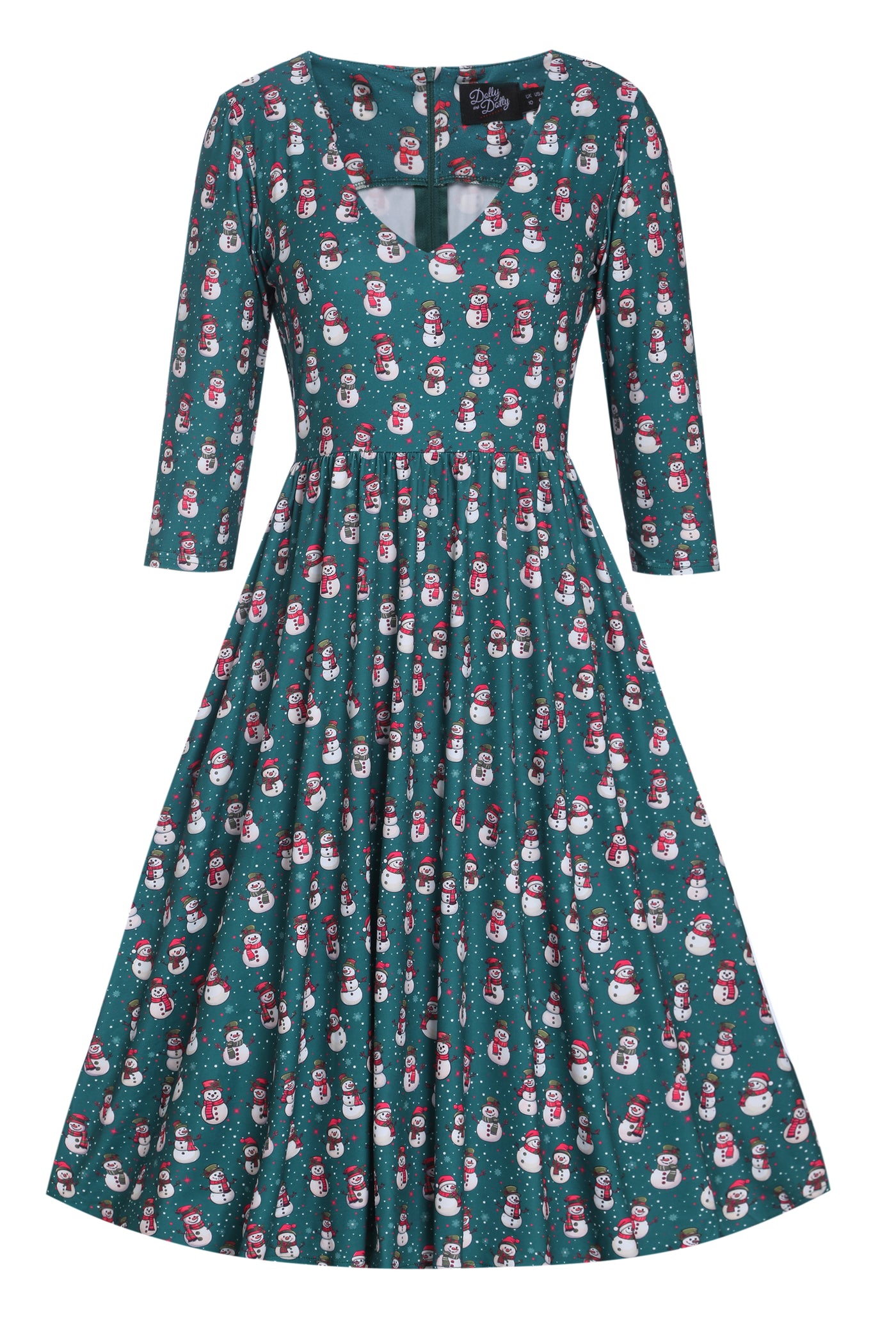PRE ORDER Billie Dark Green V-neckline Snowman Print Long-Sleeved Dress