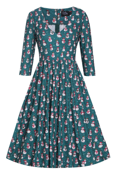 PRE ORDER Billie Dark Green V-neckline Snowman Print Long-Sleeved Dress