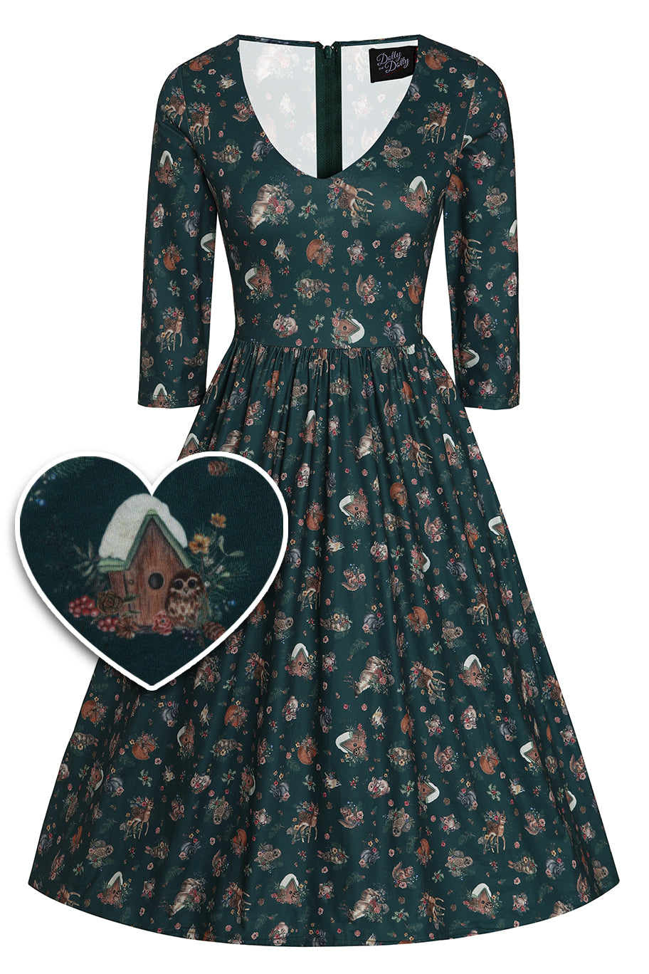 Billie Long Sleeved Dress in Dark Green Woodland Deer & Owl Print