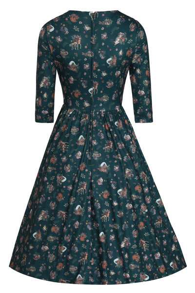 PRE ORDER Billie Long Sleeved Dress in Dark Green Woodland Deer & Owl Print
