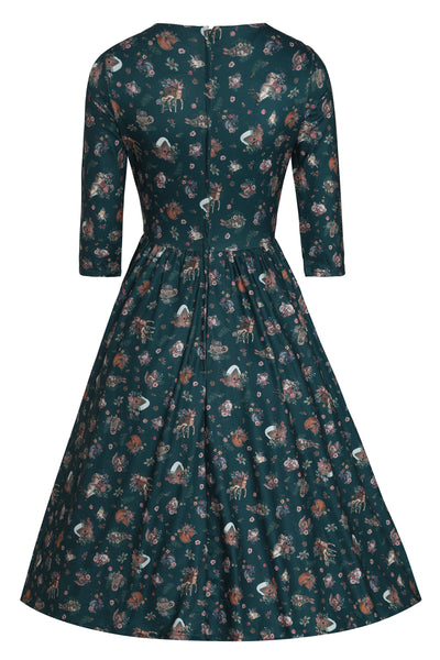 Billie Long Sleeved Dress in Dark Green Woodland Deer & Owl Print