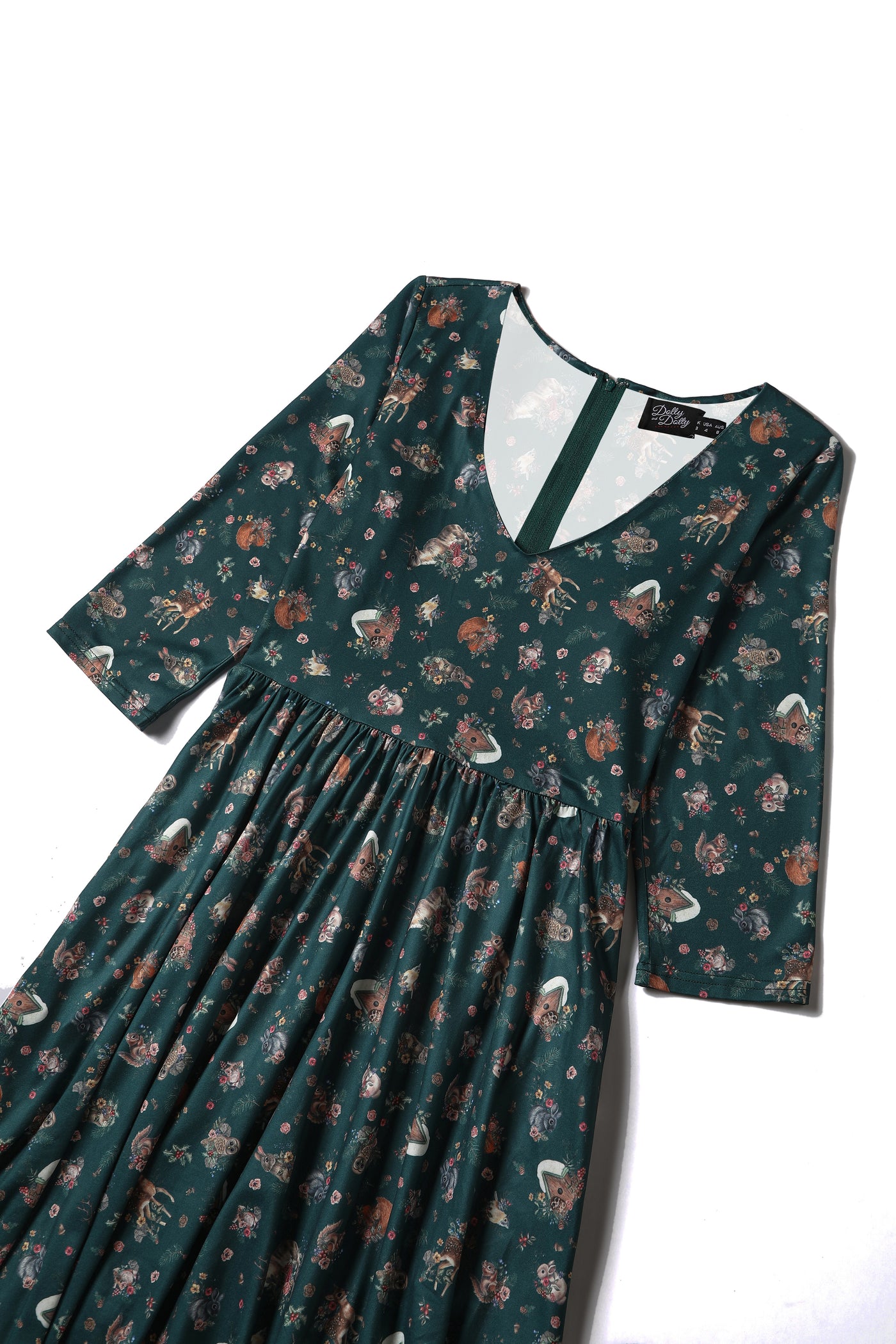Billie Long Sleeved Dress in Dark Green Woodland Deer & Owl Print