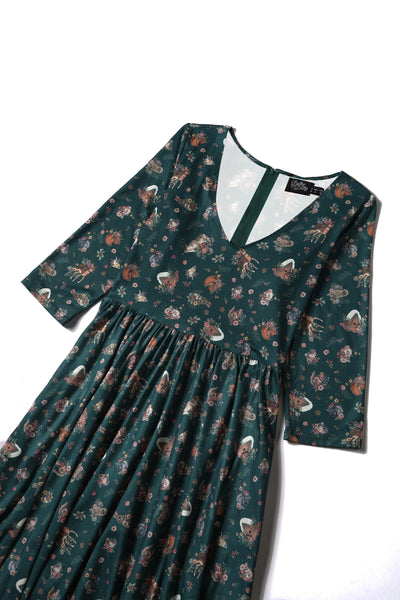 Billie Long Sleeved Dress in Dark Green Woodland Deer & Owl Print