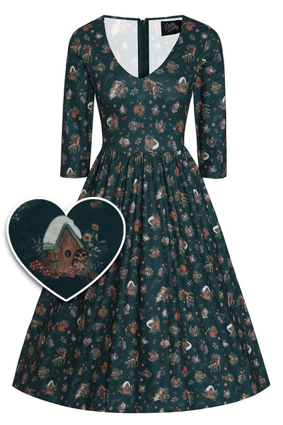 Billie Long Sleeved Dress in Dark Green Woodland Deer & Owl Print