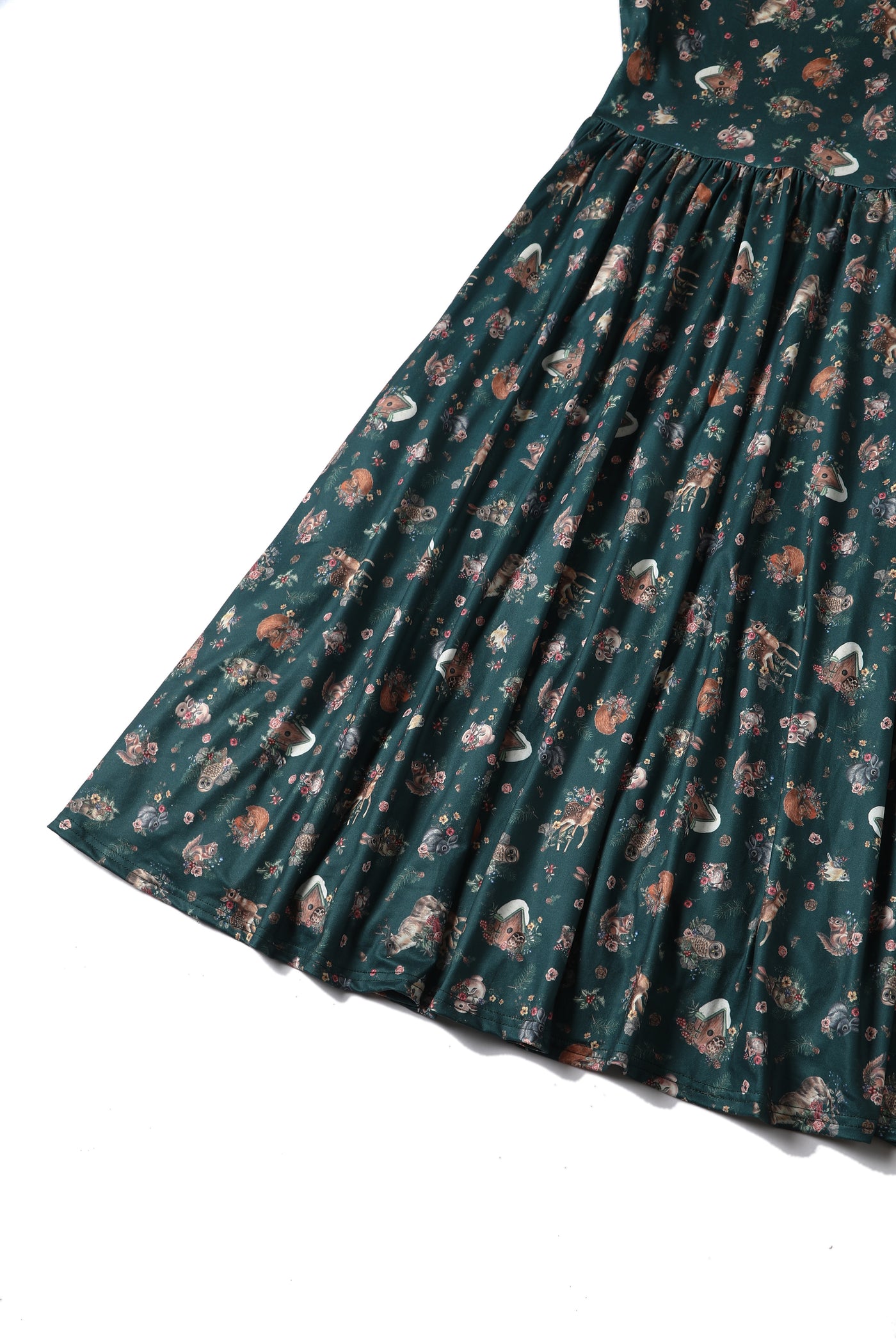 Billie Long Sleeved Dress in Dark Green Woodland Deer & Owl Print