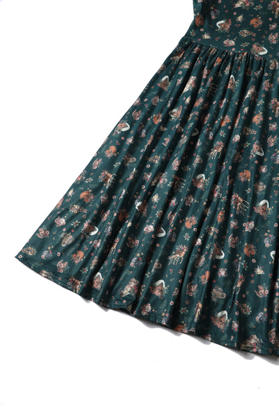 Billie Long Sleeved Dress in Dark Green Woodland Deer & Owl Print