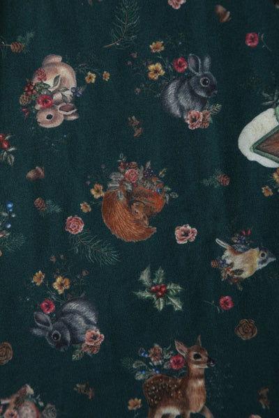 PRE ORDER Billie Long Sleeved Dress in Dark Green Woodland Deer & Owl Print
