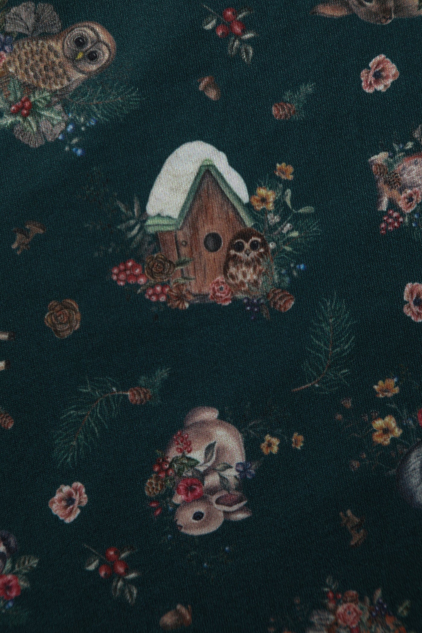 Billie Long Sleeved Dress in Dark Green Woodland Deer & Owl Print