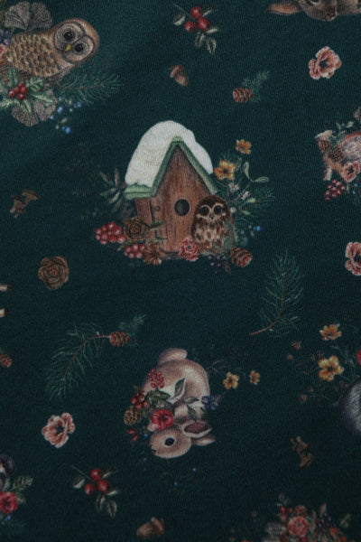 Billie Long Sleeved Dress in Dark Green Woodland Deer & Owl Print