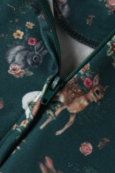 Billie Long Sleeved Dress in Dark Green Woodland Deer & Owl Print