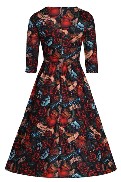 Billie Long Sleeved in Black Heart and Roses Print Dress