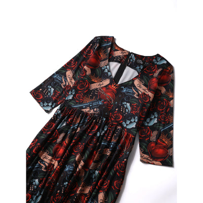 Billie Long Sleeved in Black Heart and Roses Print Dress