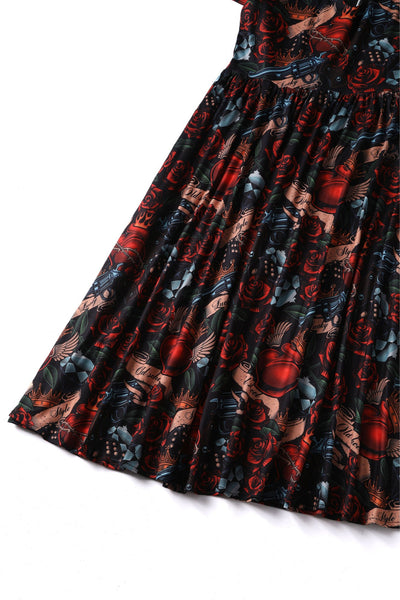 Billie Long Sleeved in Black Heart and Roses Print Dress