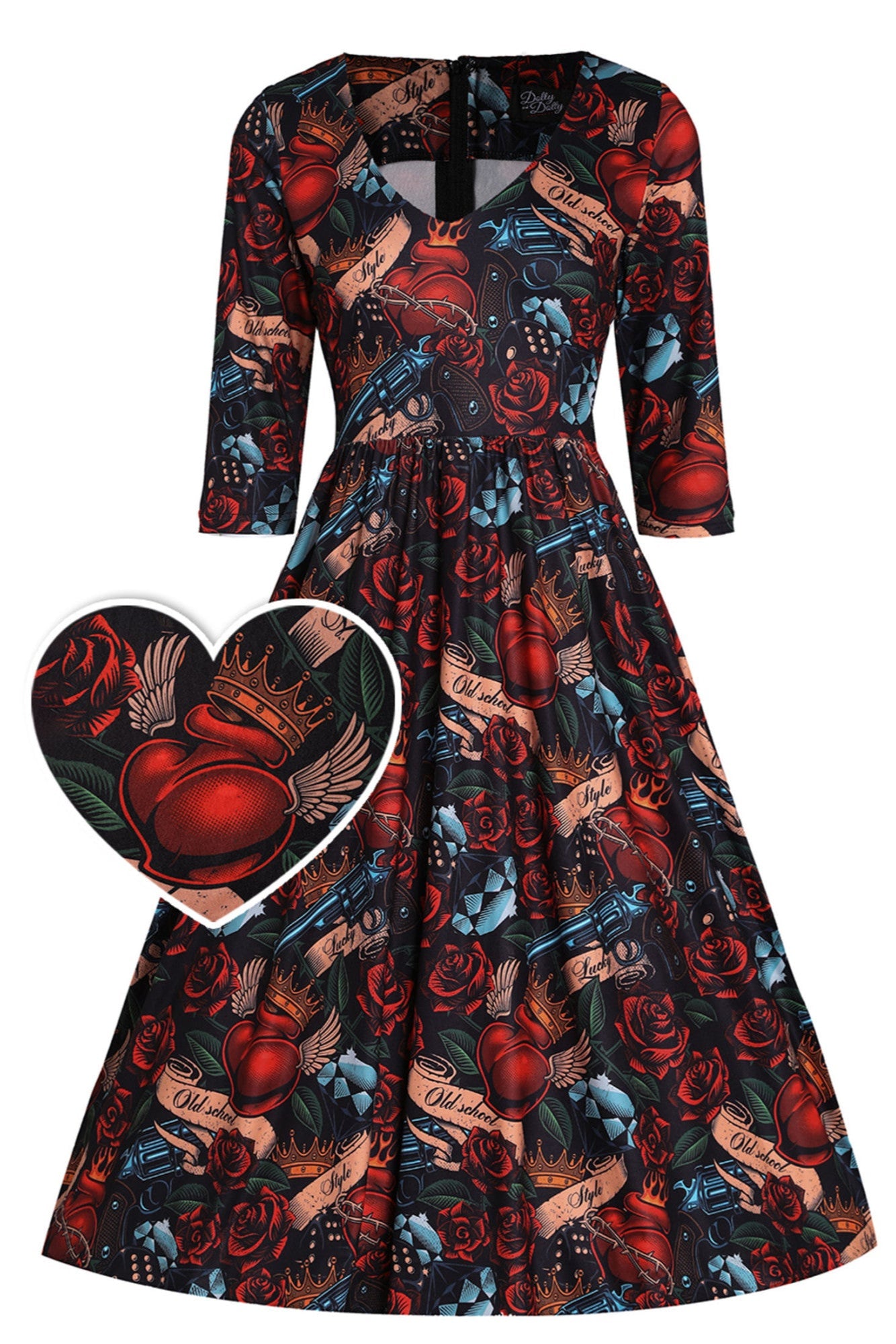 Billie Long Sleeved in Black Heart and Roses Print Dress