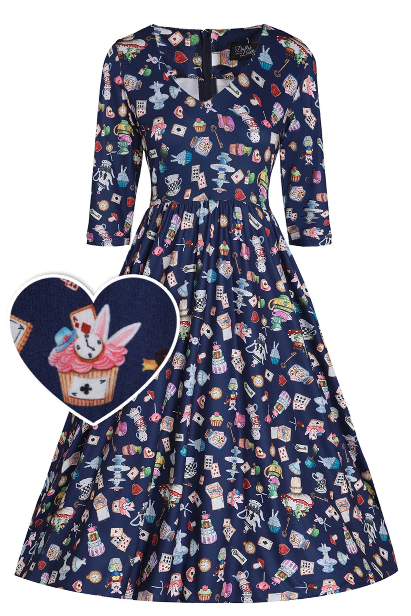 Billie Long Sleeved in Navy Blue with Wonderland Print Dress