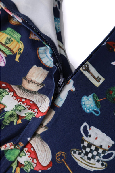 Billie Long Sleeved in Navy Blue with Wonderland Print Dress