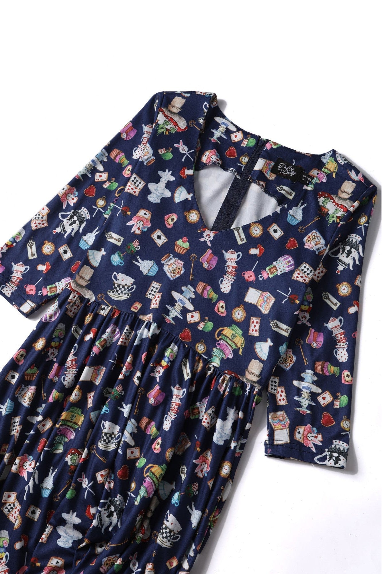 Billie Long Sleeved in Navy Blue with Wonderland Print Dress