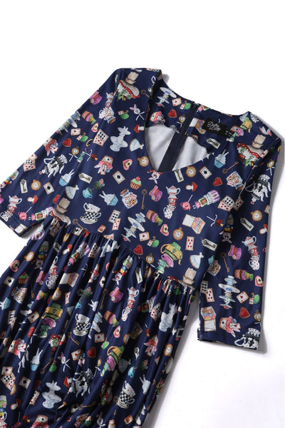 Billie Long Sleeved in Navy Blue with Wonderland Print Dress