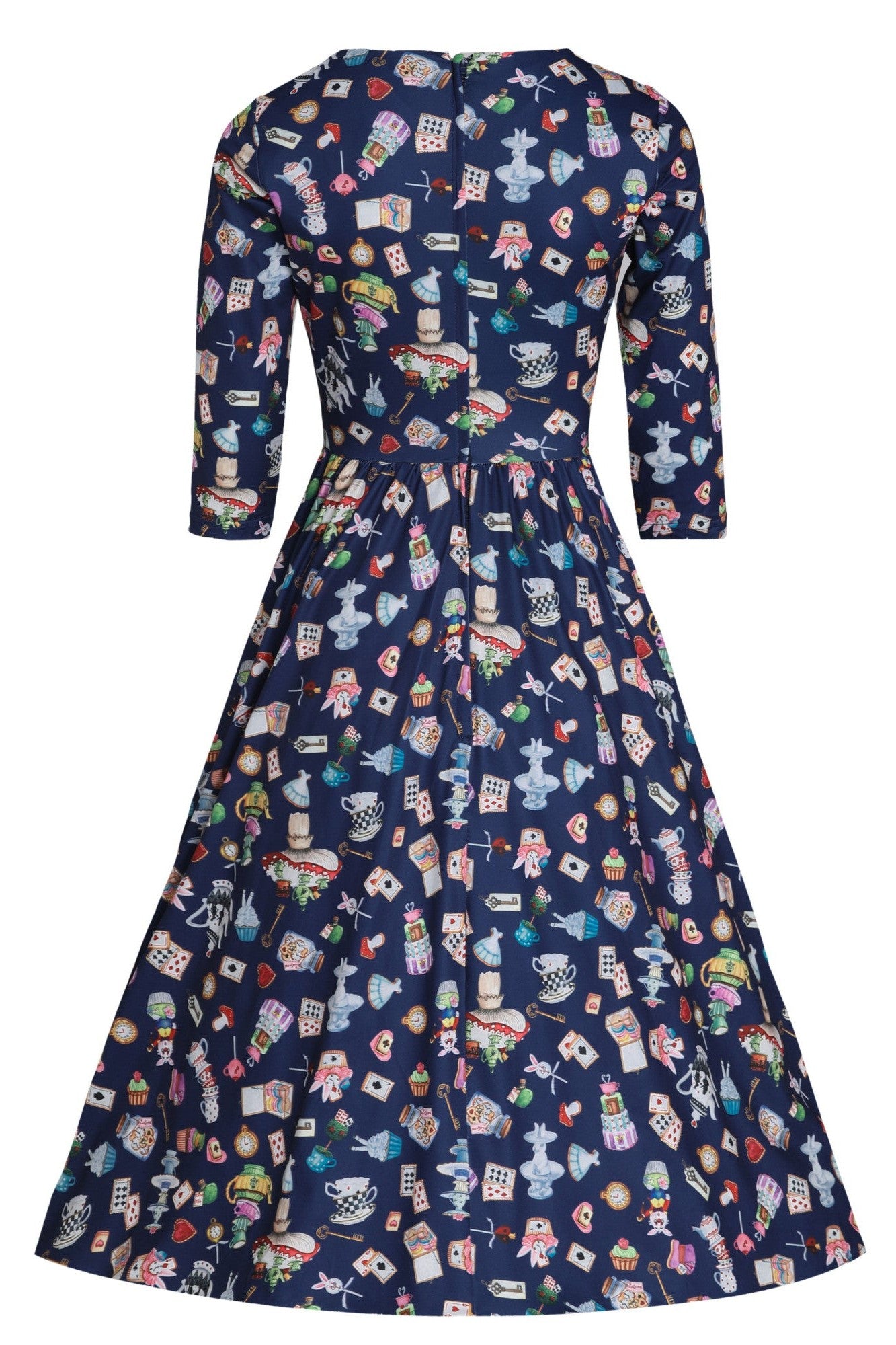Billie Long Sleeved in Navy Blue with Wonderland Print Dress