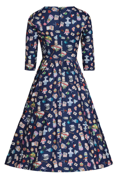Billie Long Sleeved in Navy Blue with Wonderland Print Dress