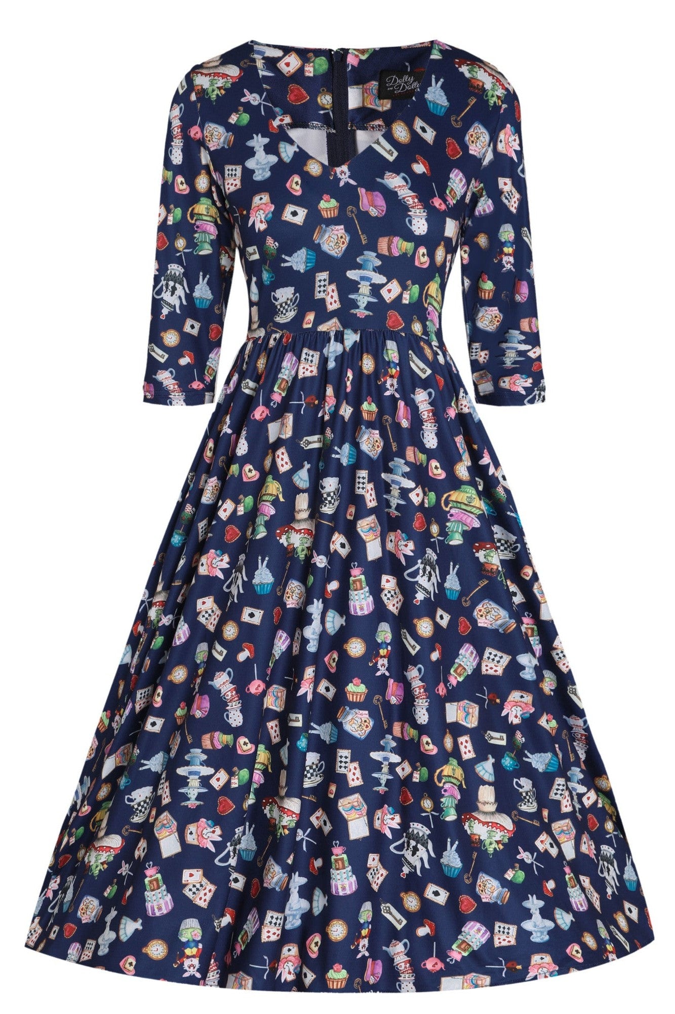 Billie Long Sleeved in Navy Blue with Wonderland Print Dress