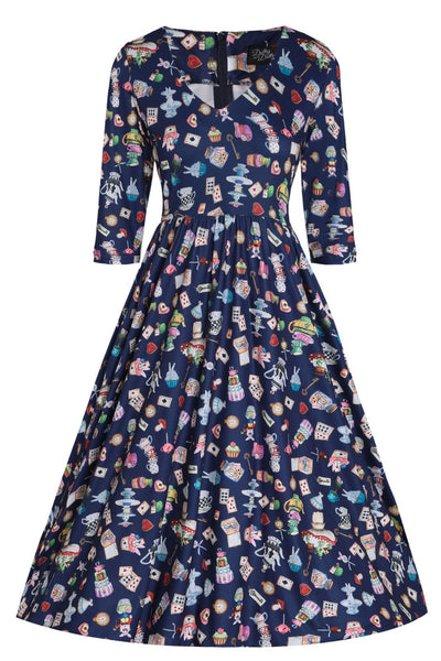 Billie Long Sleeved in Navy Blue with Wonderland Print Dress