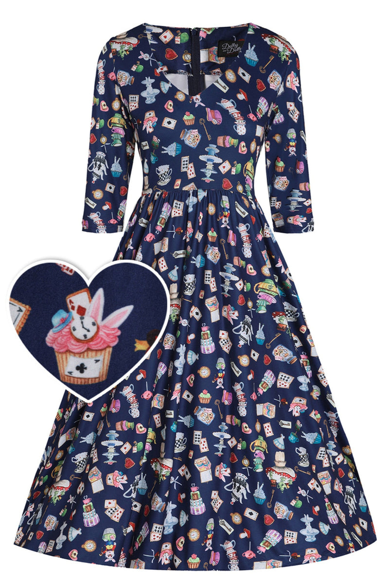 Billie Long Sleeved in Navy Blue with Wonderland Print Dress