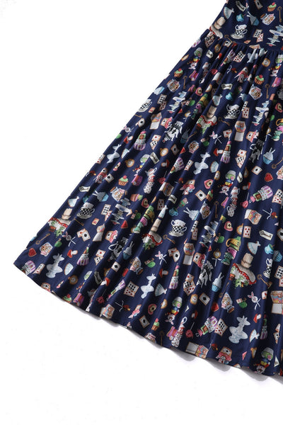 Billie Long Sleeved in Navy Blue with Wonderland Print Dress
