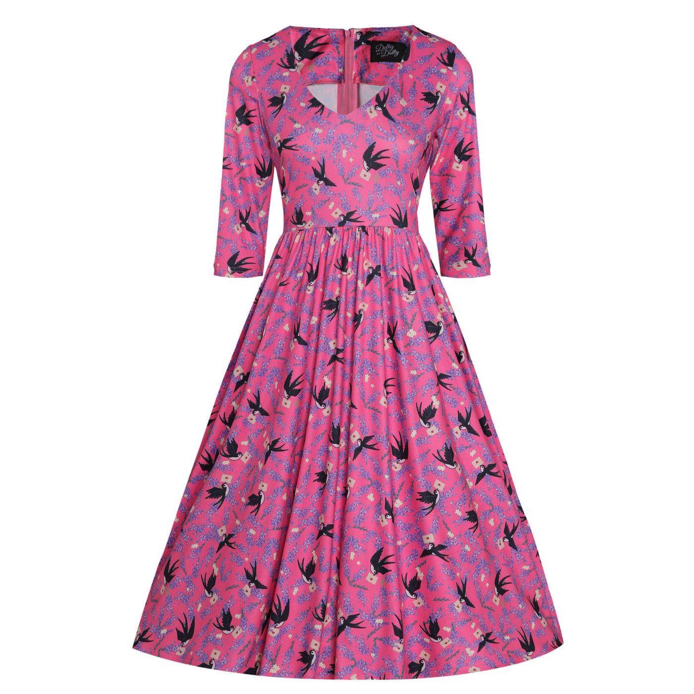 PRE ORDER Billie Long Sleeved in Pink & Black Retro Swallow Print Dress