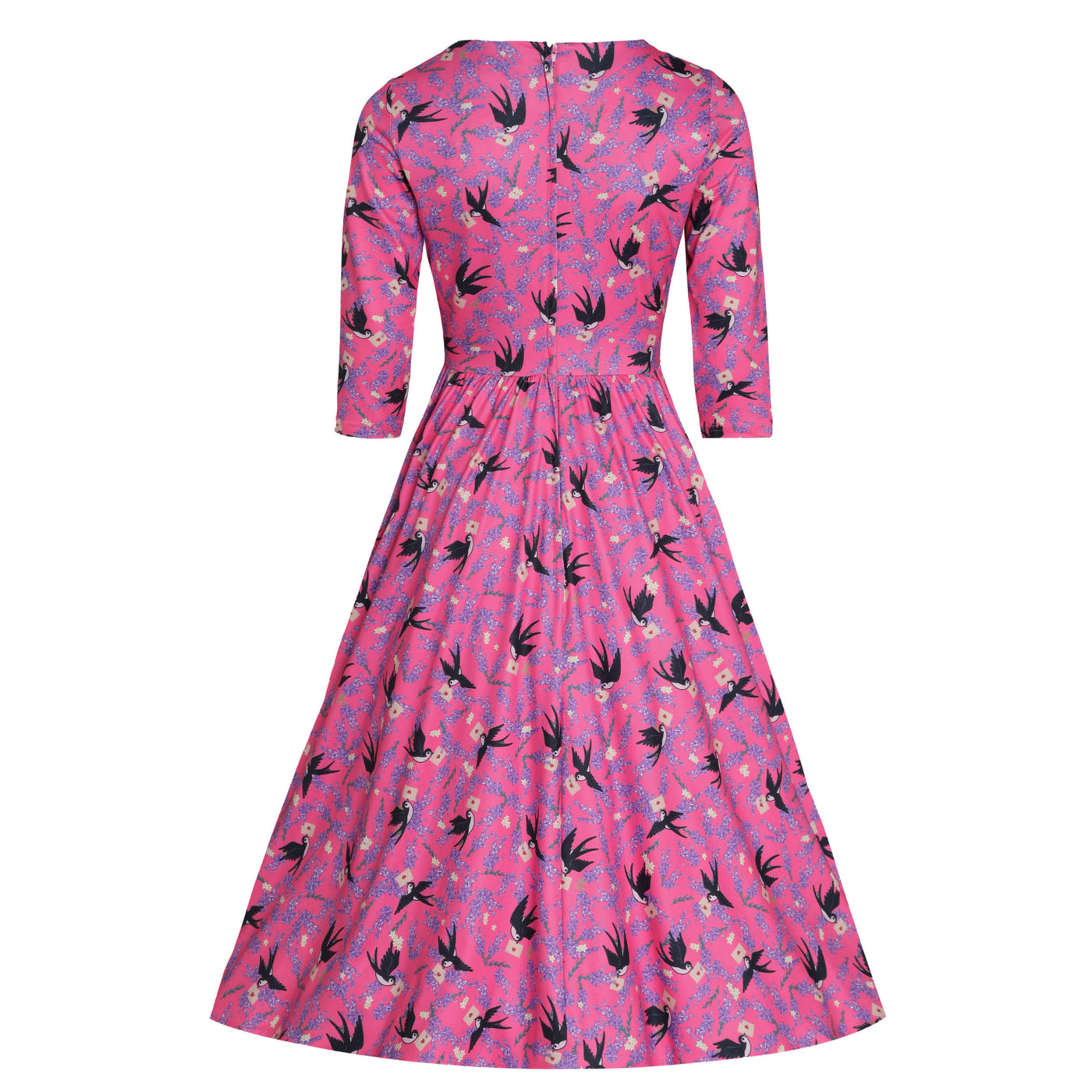 Billie Long Sleeved in Pink & Black Retro Swallow Print Dress