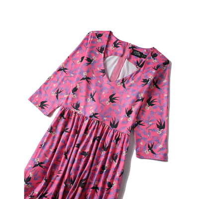 Billie Long Sleeved in Pink & Black Retro Swallow Print Dress
