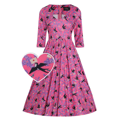 Billie Long Sleeved in Pink & Black Retro Swallow Print Dress