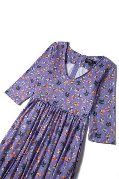 Billie Long Sleeved Dress in Purple Nerdy Cat Print