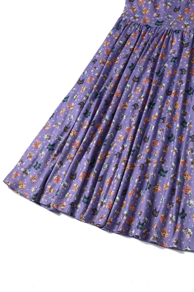 Billie Long Sleeved Dress in Purple Nerdy Cat Print