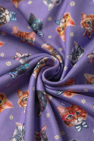Billie Long Sleeved Dress in Purple Nerdy Cat Print